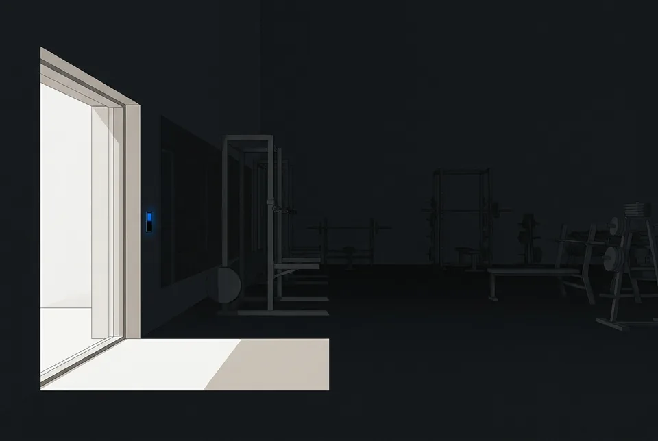 Zeichnung eines Anlageninneren: der Eingangsbereich hell und sichtbar, die Trainingsfläche dahinter im Dunkeln.